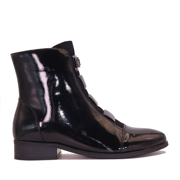 Bottine vernie à brides élastiques et détail doré